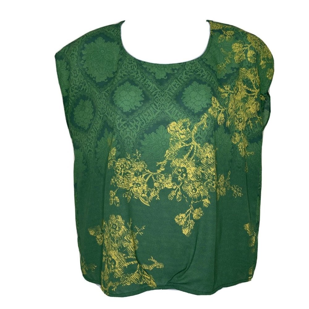 CABI Style #597 Wms Sz XS Green Envy Yellow Floral Top Square Blouse